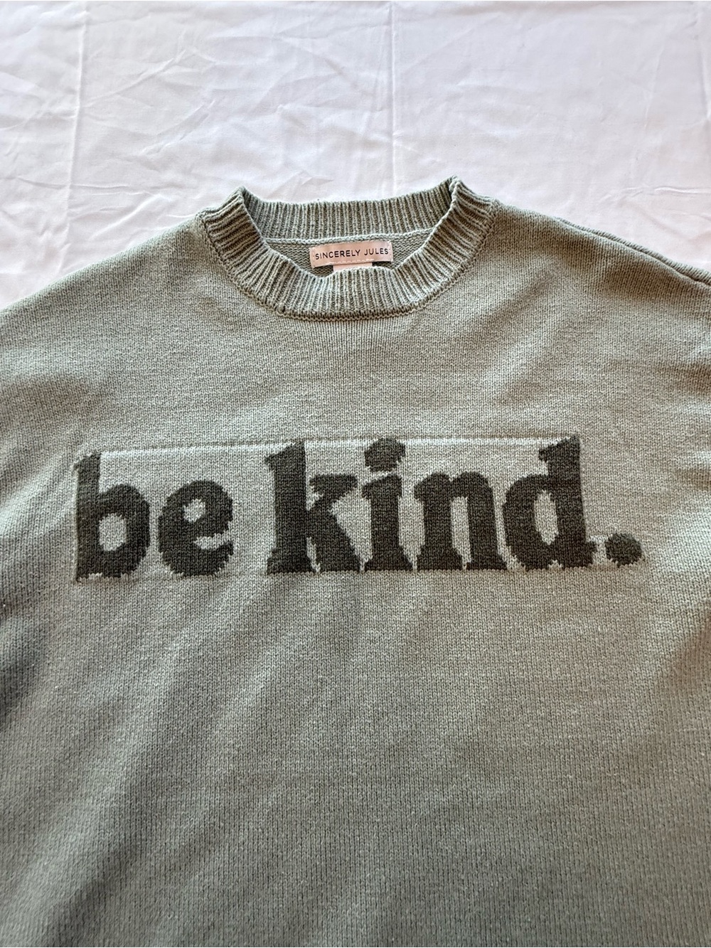 Sincerely Jules Be Kind Sweater XS Sage Green Graphic Knit Pullover - Picture 5 of 8